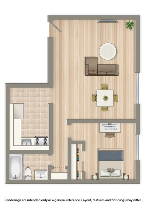 Floor plan for 1 bed, 1 bath, 715 sqft